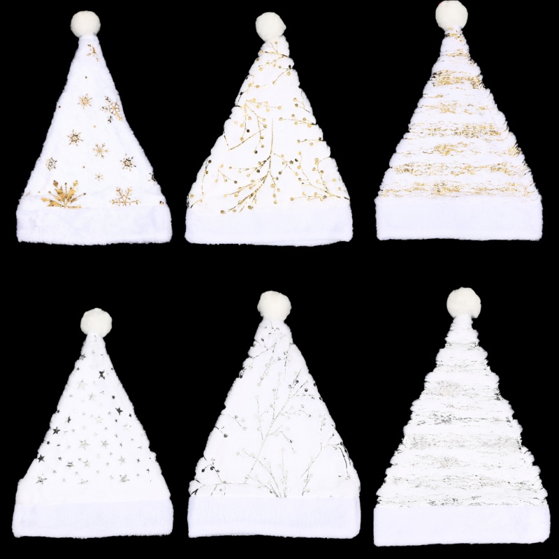 Santa Hat Plush - White Plush Christmas Hat Gold Silver