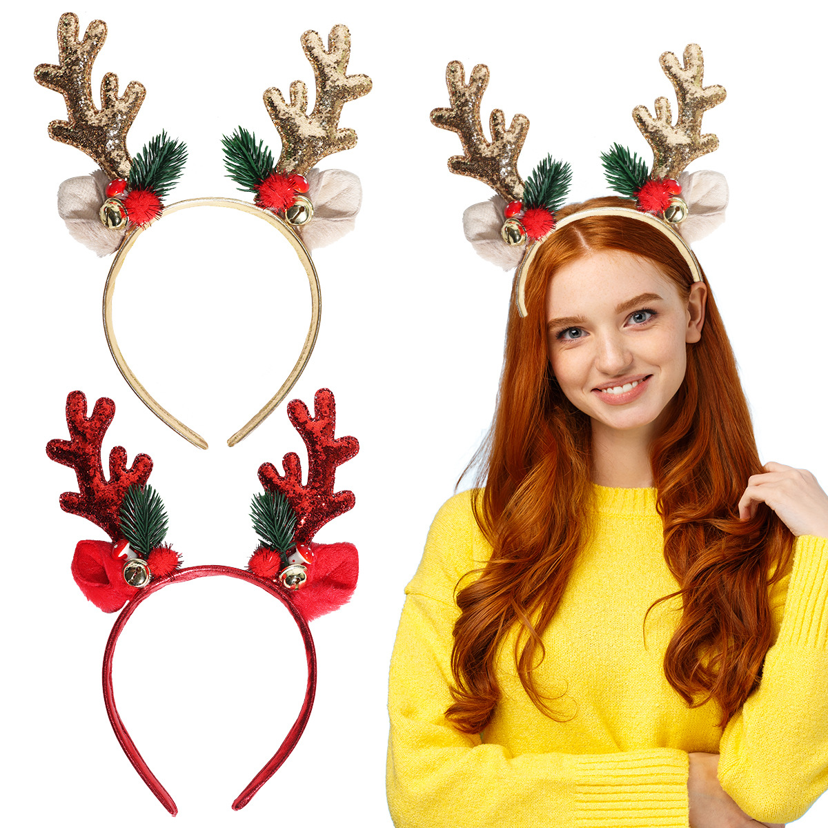 Reindeer Antlers Headband - 1/2pcs Christmas Glitter Deer Antlers Headband