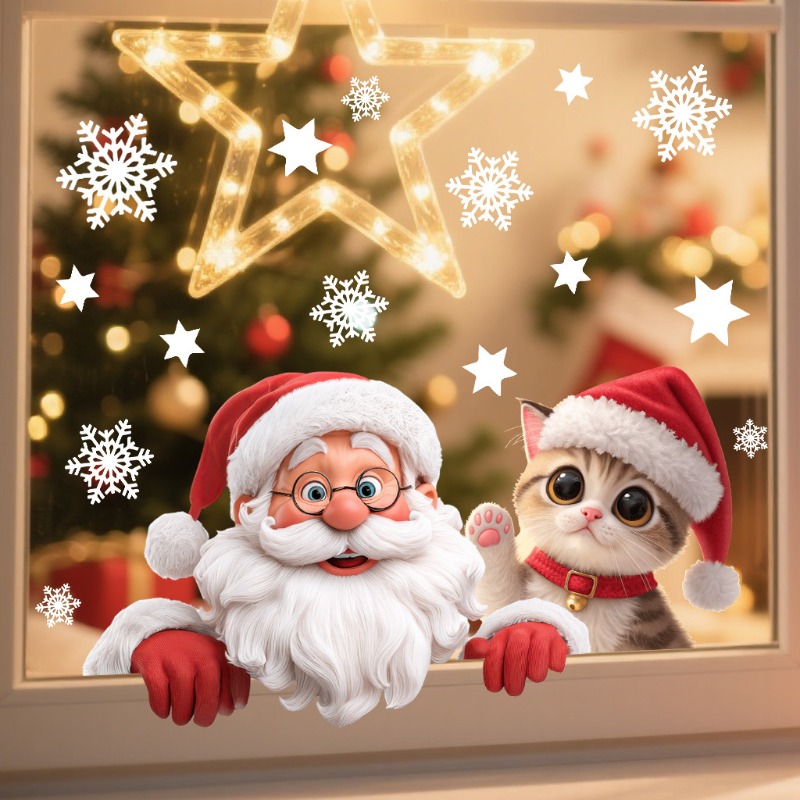 Snowflake Window Decal - Kitten Santa Claus Window Stickers Christmas