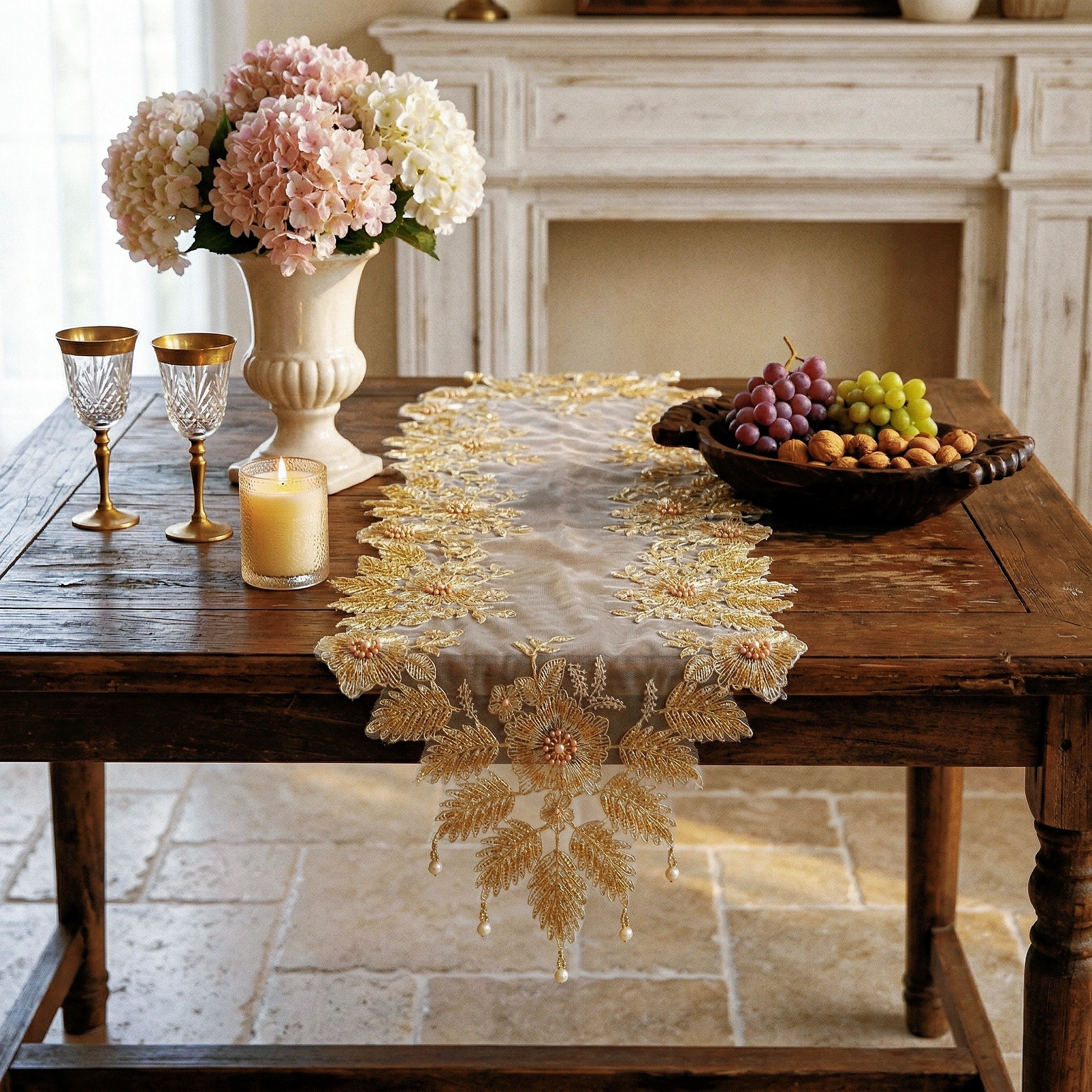 Christmas Table Runner - Luxurious Golden Table Runner Handmade Pearl