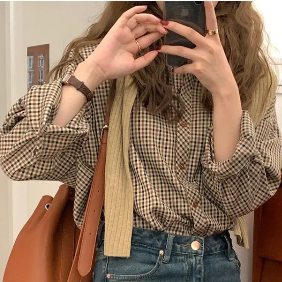 Christmas Throw Blanket - Plaid Shirts Women Retro Turn-down Collar