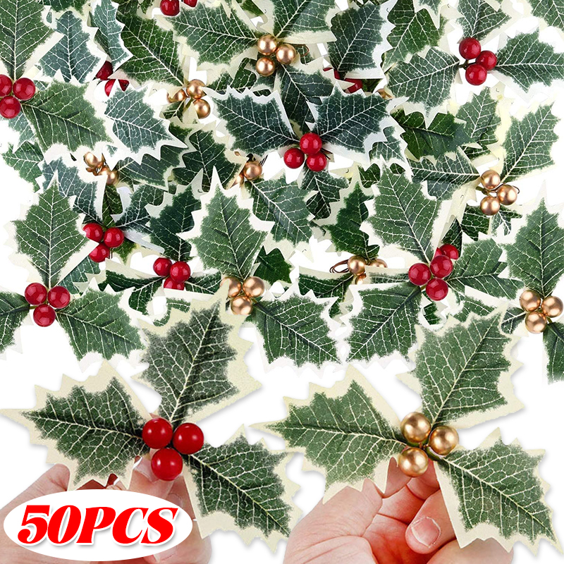 Christmas Wreath Fake - 5-50pcs Christmas Holly Berries with Green